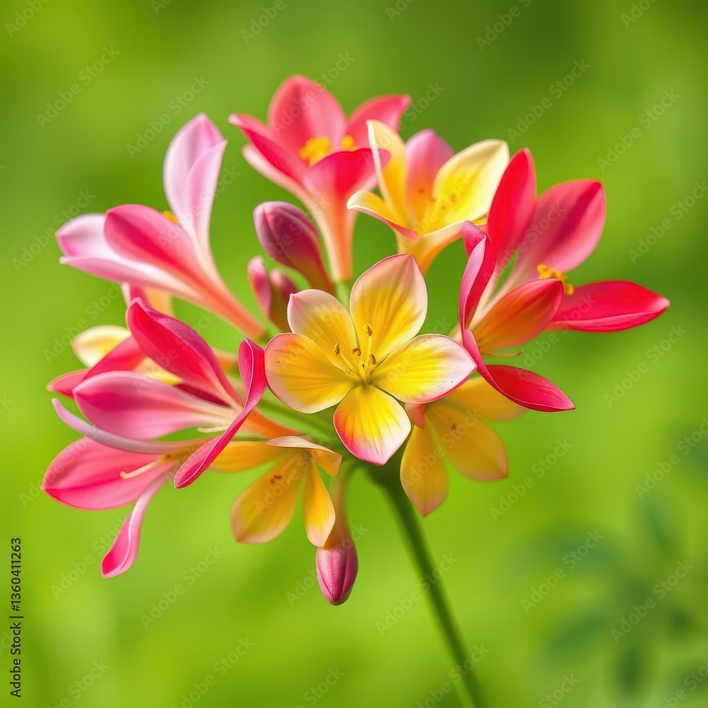 Fototapeta premium Vibrant spring blooms burst forth, colorful petals against soft green background, freshness, backdrop
