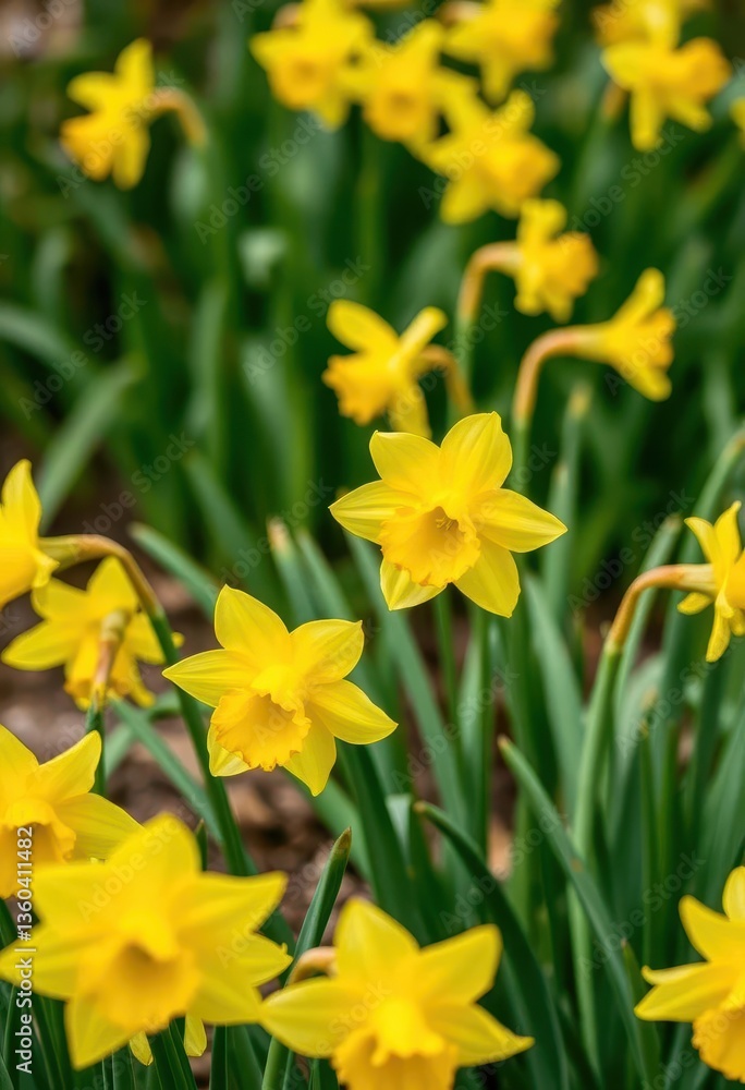 Vibrant yellow daffodils blooming in a spring garden, plants, flowerbed, macro Vibrant yellow daffodils blooming in a spring garden, plants, flowerbed, macro