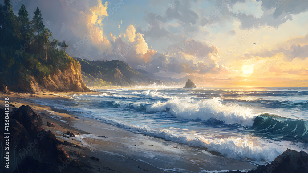Fototapeta premium The ever-changing beauty of a coastal landscape, where crashing waves meet the rugged shore, showcases the powerful and unyielding force of nature elements