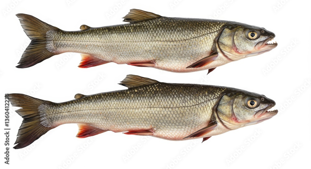 Two Fresh Sauger Fish on White - Freshwater fish, healthy eating, sustainable seafood, culinary ingredient, river fish. Two Fresh Sauger Fish on White - Freshwater fish, healthy eating, sustainable seafood, culinary ingredient, river fish.