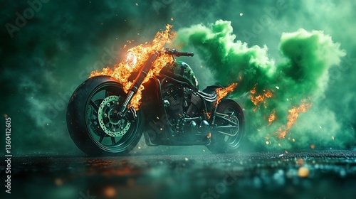 Simplistic portrayal of a motorcycle on fire with festive green smoke in a St. Patrick's Day theme -