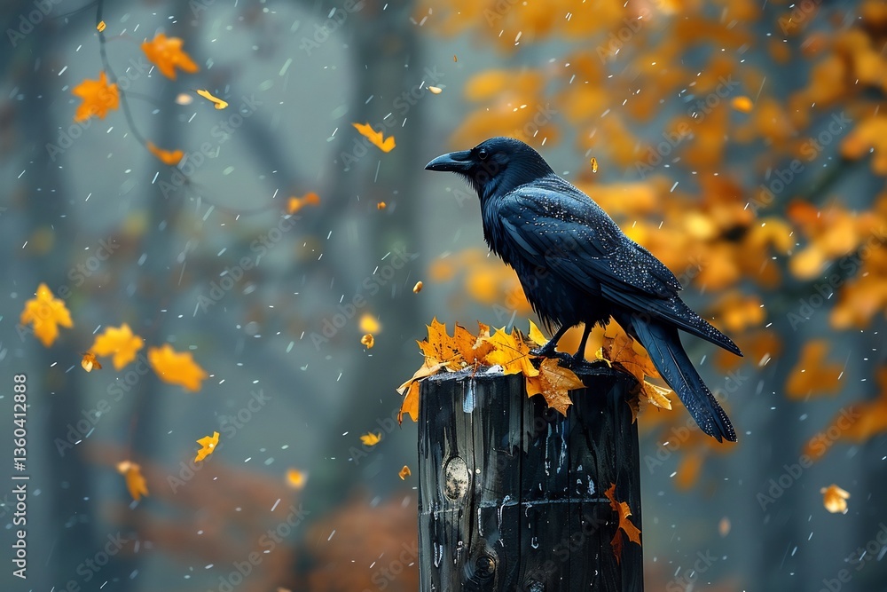 Fototapeta premium Lone American Crow perch weathered wooden post during light autumn drizzle bird's glossy black feather glisten raindrop golden leaf swirl crisp air misty forest background adds depth moody atmosphere