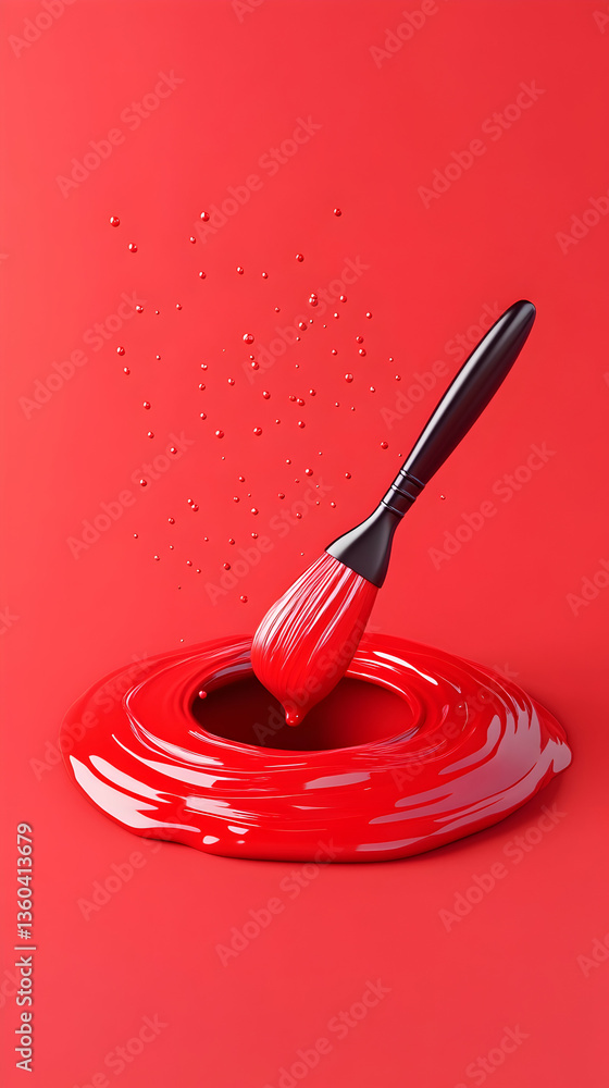 Red paintbrush dipping in vibrant red paint puddle against a red background Red paintbrush dipping in vibrant red paint puddle against a red background