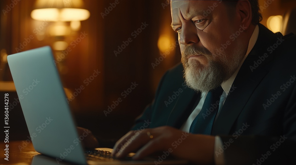 Focused Businessman Working on Laptop in Dimly Lit Office Focused Businessman Working on Laptop in Dimly Lit Office