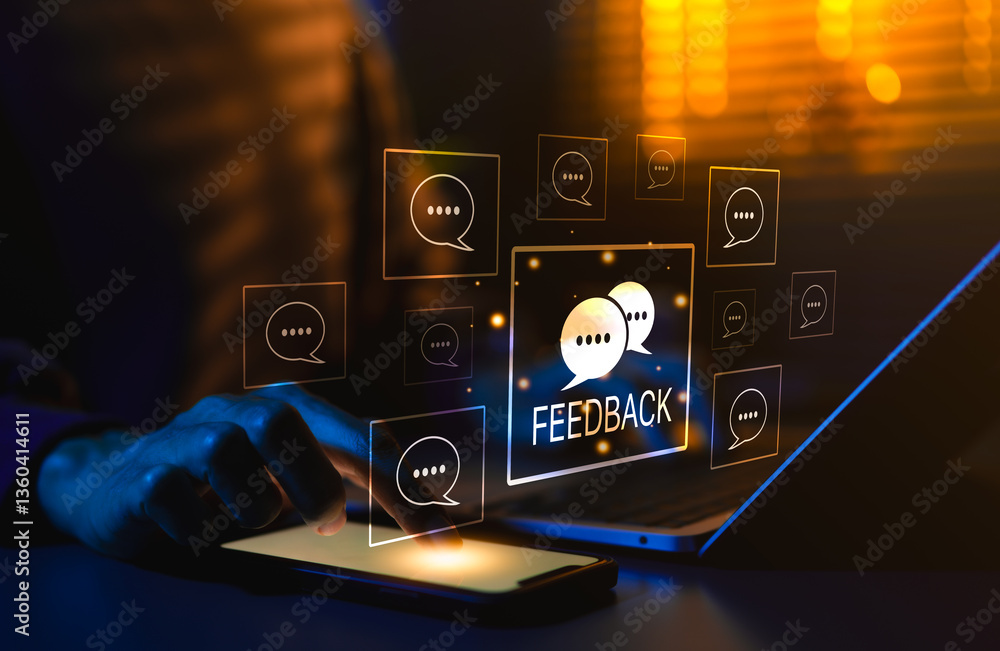 Fototapeta premium Feedback and Reputation Management Concept. Feedback icons represent online reviews, user comment ratings, feedback writing, satisfaction survey, reputation management in modern digital interfaces,