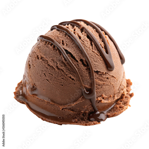 chocolate ice cream scoop with glossy chocolate syrup isolated transparent background png, creamy chocolate ice cream with rich dark syrup drizzle