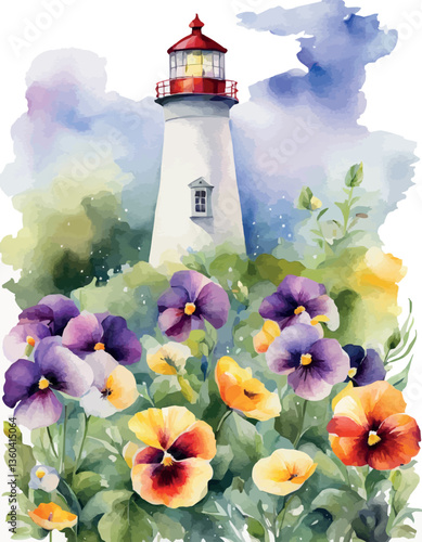 Lighthouse and flowers: chamomile, rose, violet and pansy and water lily. Vector watercolor illustration