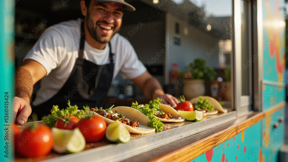 Smiling chef presenting delicious tacos with fresh ingredients Smiling chef presenting delicious tacos with fresh ingredients