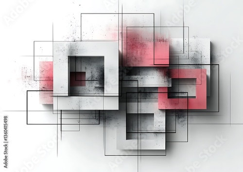 Overlapping geometric shapes of squares and lines with color overlays