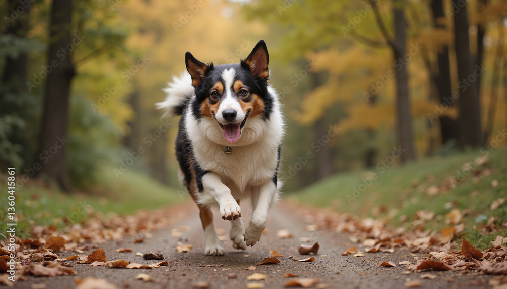 Happy dog running on a path surrounded by autumn trees Happy dog running on a path surrounded by autumn trees