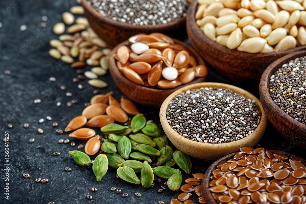 Fototapeta premium Chia seed vegan healthy fats boost. Variety of seeds in bowls on a dark surface.