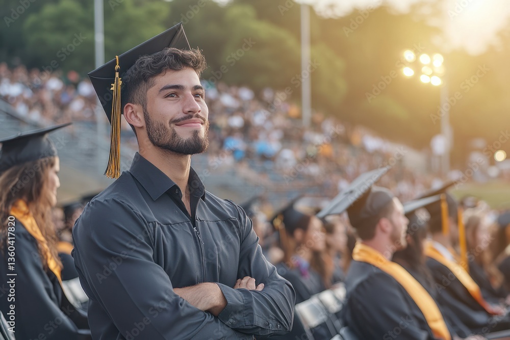 Fototapeta premium Graduation ceremony showcases proud students celebrating accomplishments at sunset with family and friends in attendance