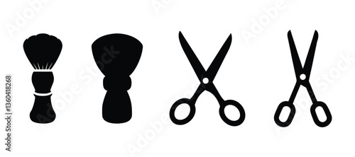 Barber Tools Icons - Shaving Brush & Scissors Silhouette