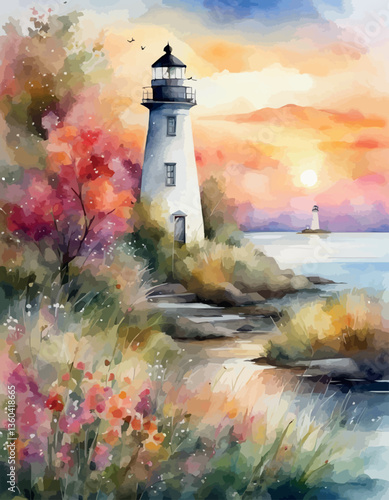 Lighthouse on the seashore at sunset, watercolour. Vector illustration.