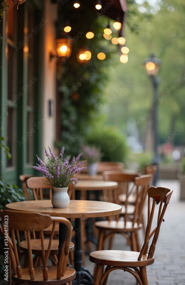 Obraz premium Cozy cafe terrace with wooden tables chairs, flowers in white vase. Outdoor restaurant cafe with string lights. Classic bistro with cozy atmosphere, perfect for relaxing, enjoying drinks. Cafe