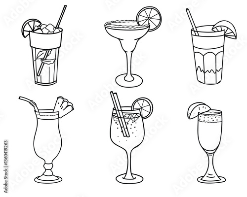 Summer Cocktails set. Aperol Spritz, Mojito, Margarita, Bellini, Pina Colada and Tequila Sunrise. Hand drawn Vector illustration of alcohol drink with fruits and ice in Doodle style. For cocktail bar