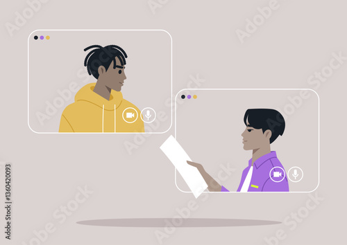 Two individuals are actively communicating on a digital platform, one preparing notes while attentively listening to the other, highlighting remote collaboration and teamwork