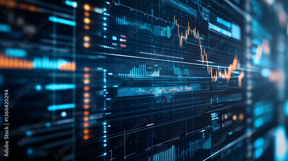 Analyzing Data: Abstract visualization of financial data, displayed on multiple screens in an illuminated setting. A powerful graphic. Analyzing Data: Abstract visualization of financial data, displayed on multiple screens in an illuminated setting. A powerful graphic.