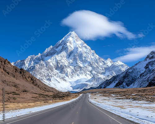 Wallpaper Mural Scenic highway leads to majestic snow-capped mountain peak under a vibrant blue sky Torontodigital.ca