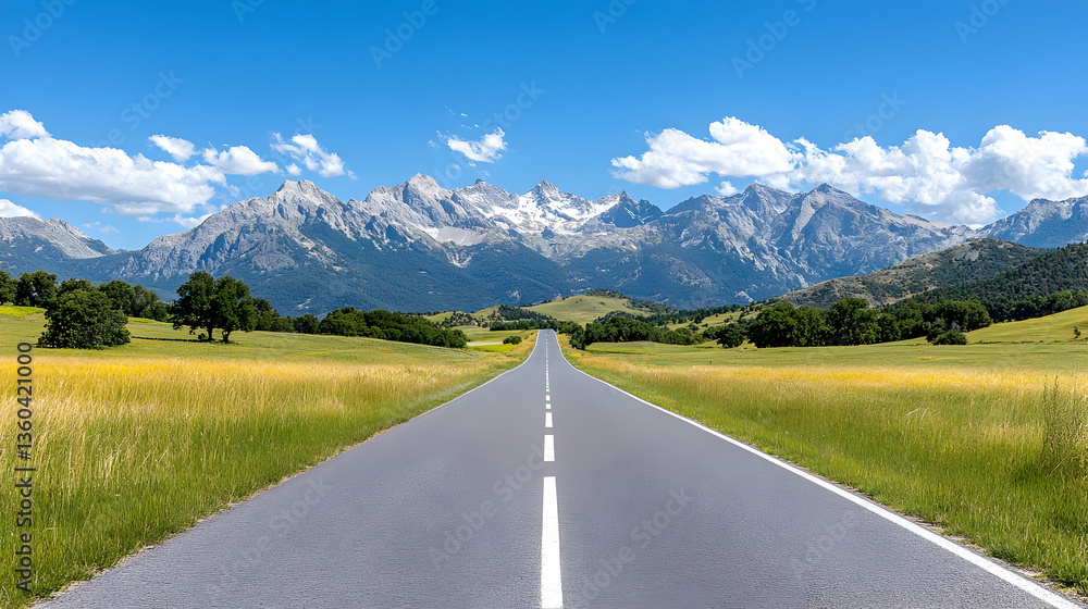 Fototapeta premium Scenic highway vanishing into majestic snow-capped mountains under a vibrant blue sky