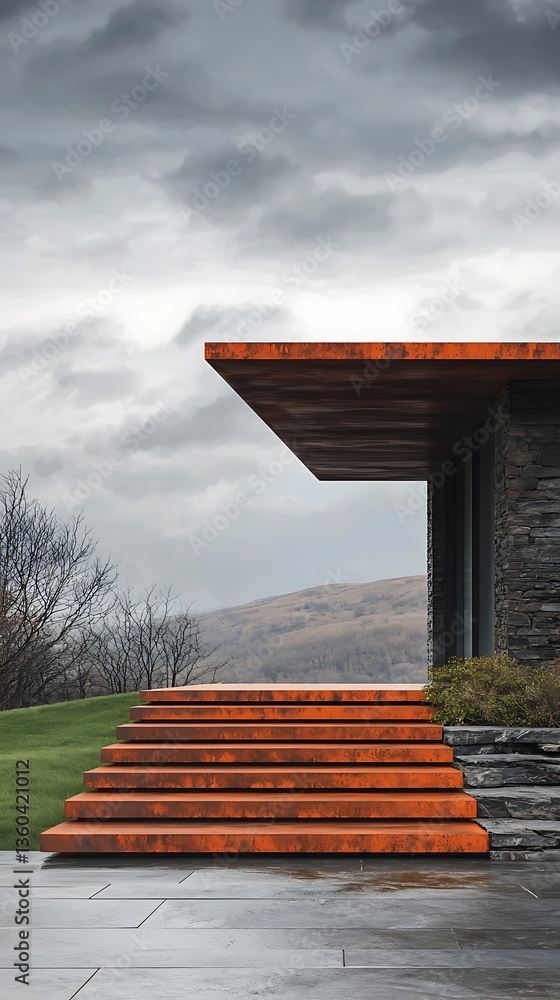 Fototapeta premium Rusted Steps to Modern Lakeside Home.