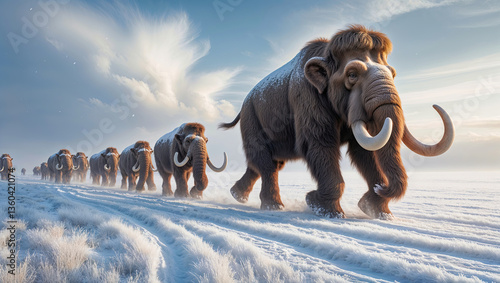 Obraz na płótnie Herd of woolly mammoths walks across a snowy plain with tall grass during the Pleistocene Epoch, showcasing their immense size and thick fur w salonie