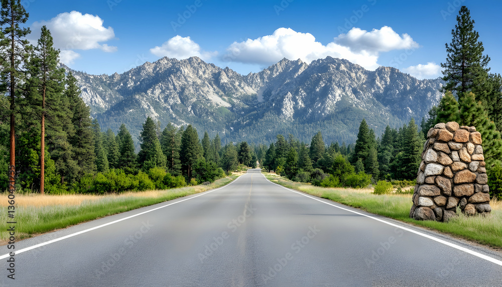 Scenic highway vanishing point, leading towards majestic mountains under a vibrant blue sky Scenic highway vanishing point, leading towards majestic mountains under a vibrant blue sky