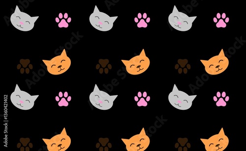 Cats and paws pattern. Black wallpaper with cats.
