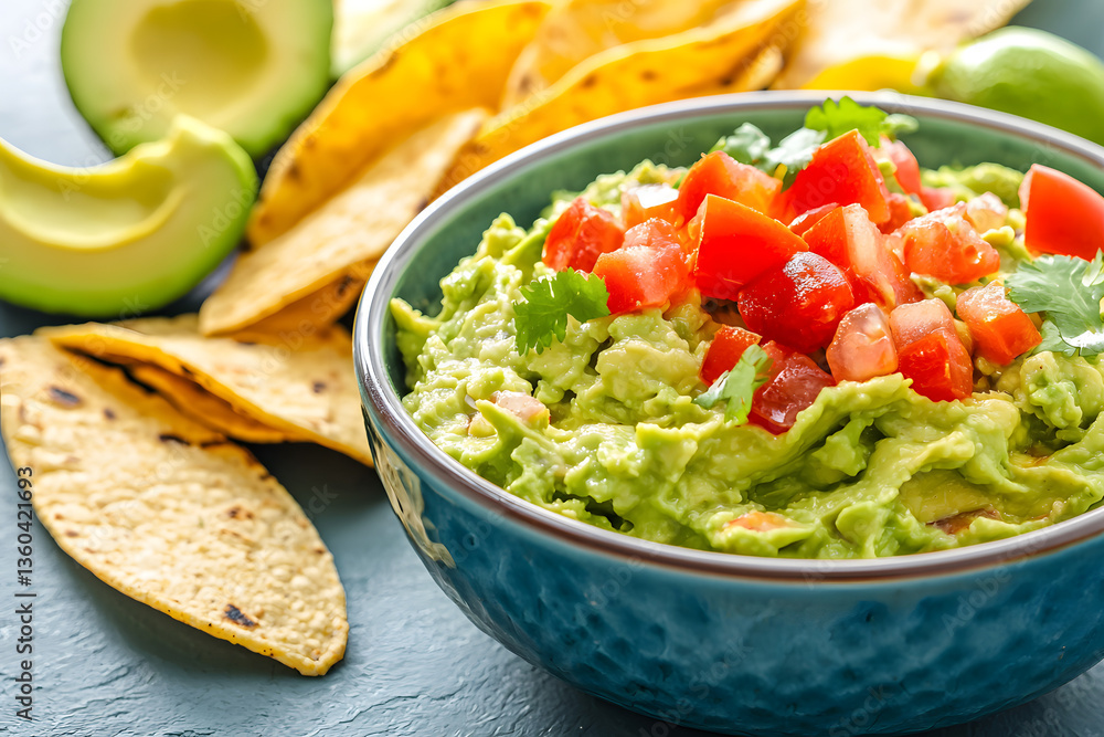 Mexican-style guacamole serving with bright toppings on neutral surface Mexican-style guacamole serving with bright toppings on neutral surface