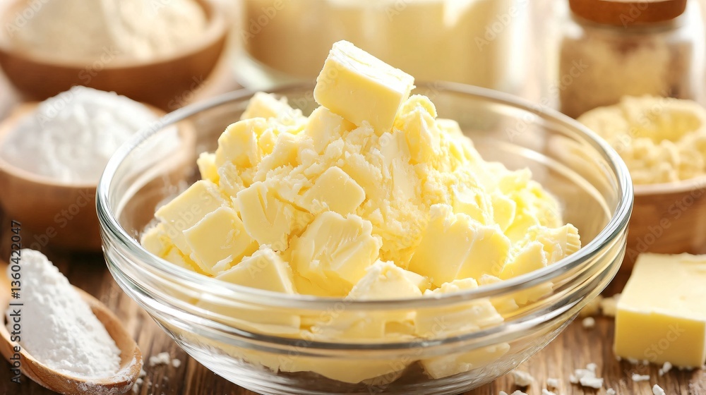 Butter being whipped into a light and fluffy texture in a glass bowl, surrounded by baking ingredients Butter being whipped into a light and fluffy texture in a glass bowl, surrounded by baking ingredients