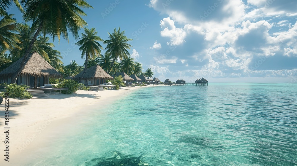 Naklejka premium A beautiful coastal landscape with huts, swaying palm trees, and clear blue waves