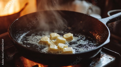 Butter melting in a cast iron pan, foaming and sizzling, deep golden tones and rustic kitchen backdrop