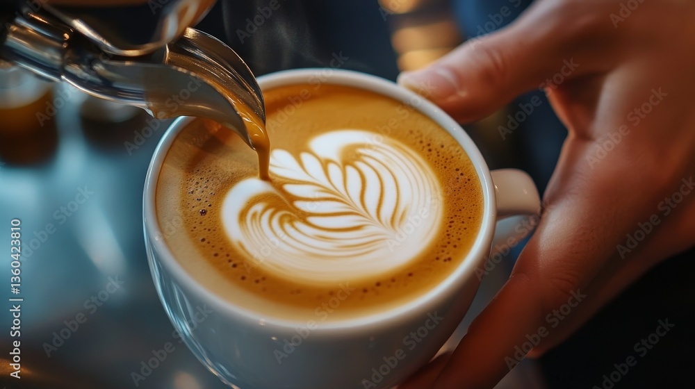 Close-up of a barista artfully preparing a latte with intricate designs. Close-up of a barista artfully preparing a latte with intricate designs.