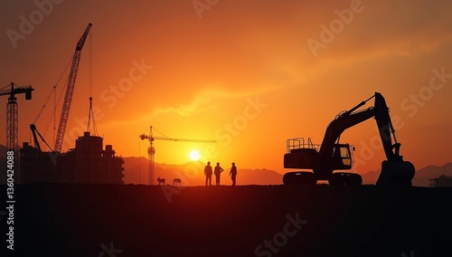 Wallpaper Mural Silhouette Teams of Business Engineers looking for blueprints in construction sites through blurry construction sites at sunset. Torontodigital.ca