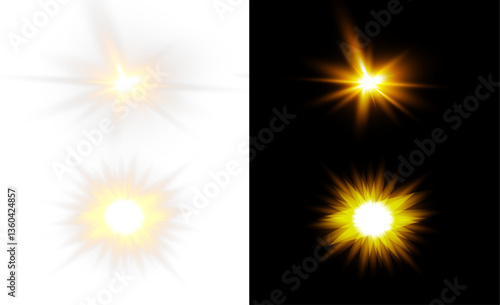 Vector transparent sunlight with sun glare. Overlay, Sun rays and glare, Sun, sunrays, light transitions, lens flare, light leaks and glare in PNG format. PNG sunlight flare. Golden flash and glare.