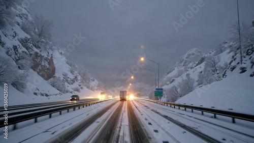 Winter highway traversing snow covered landscape during dusk, white semi truck navigating challenging road conditions with following vehicles moving carefully through cold mountain pass