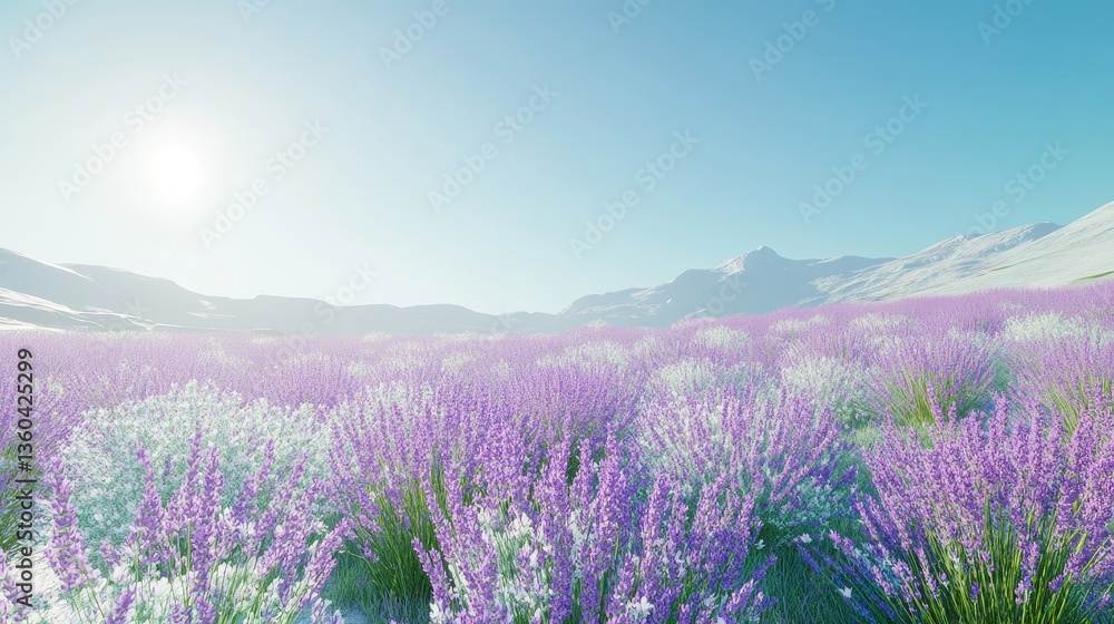 Naklejka premium A field of blooming lavender under a clear blue sky, evoking tranquility. 