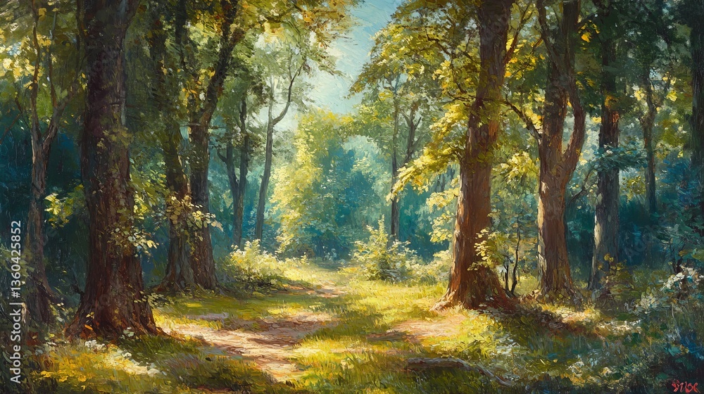 Naklejka premium A secluded forest glade with sunlight filtering through the trees, casting shadows on the ground. 