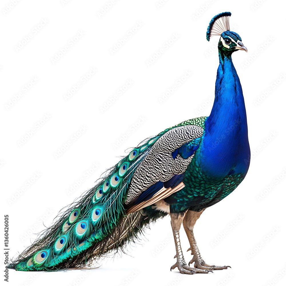 Obraz premium A realistic portrait of a peacock in side view, isolated on a white background. A majestic bird with iridescent blue and green plumage, an elegant crest, piercing dark eyes, and a long, ornate tail