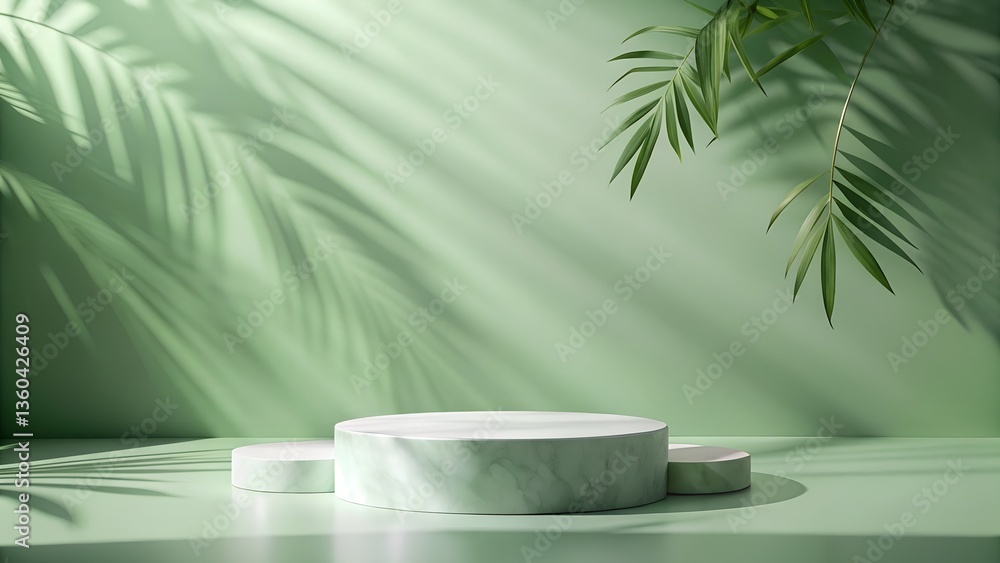 Soft pastel green natural background with abstract leaves shadows, smooth curves, and an empty marble cylinder podium in the center Soft pastel green natural background with abstract leaves shadows, smooth curves, and an empty marble cylinder podium in the center