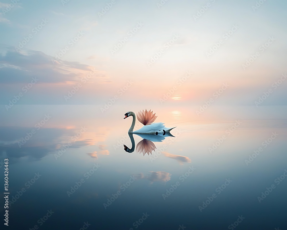 Naklejka premium Serene Swan Sunrise Lake Reflection.