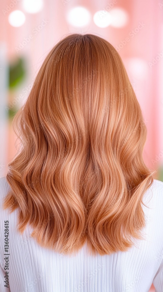 Naklejka premium Long Wavy Light Brown Hair Woman Back View White Sweater Pink Background