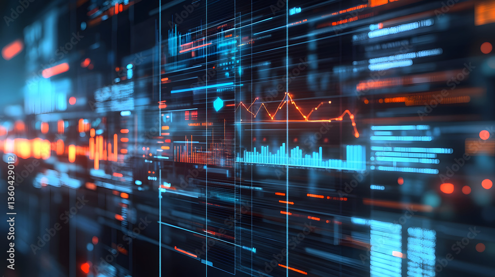 Fototapeta premium Digital Data Streams: A vibrant digital visualization of data streams and network activity, rendered in neon blue and orange hues.