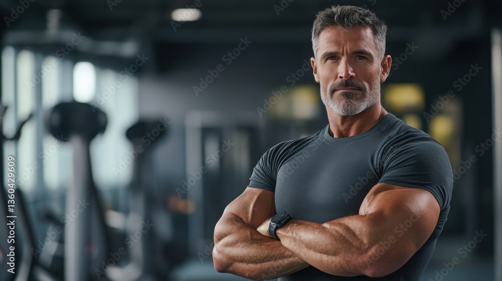 Strong man displaying confidence in a modern gym during an intense workout session Strong man displaying confidence in a modern gym during an intense workout session