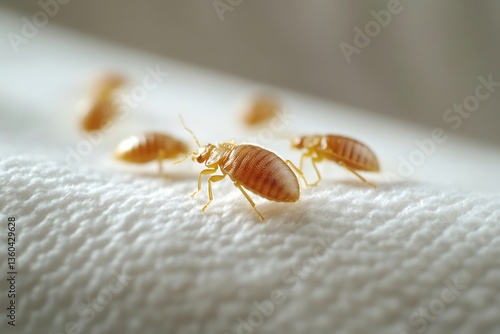 Bed bugs crawling on white mattress, infestation problem