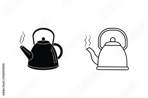 Two Kettle Illustrations Solid Black and Line Art Designs