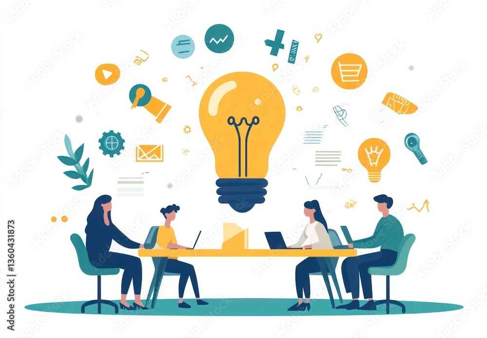 A group of people is sitting around a table with a light bulb in the middle. A group of people is sitting around a table with a light bulb in the middle.