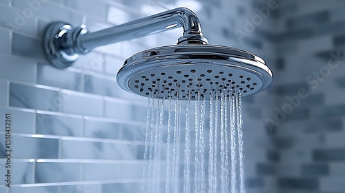 Sleek chrome shower head water stream high resolution photo