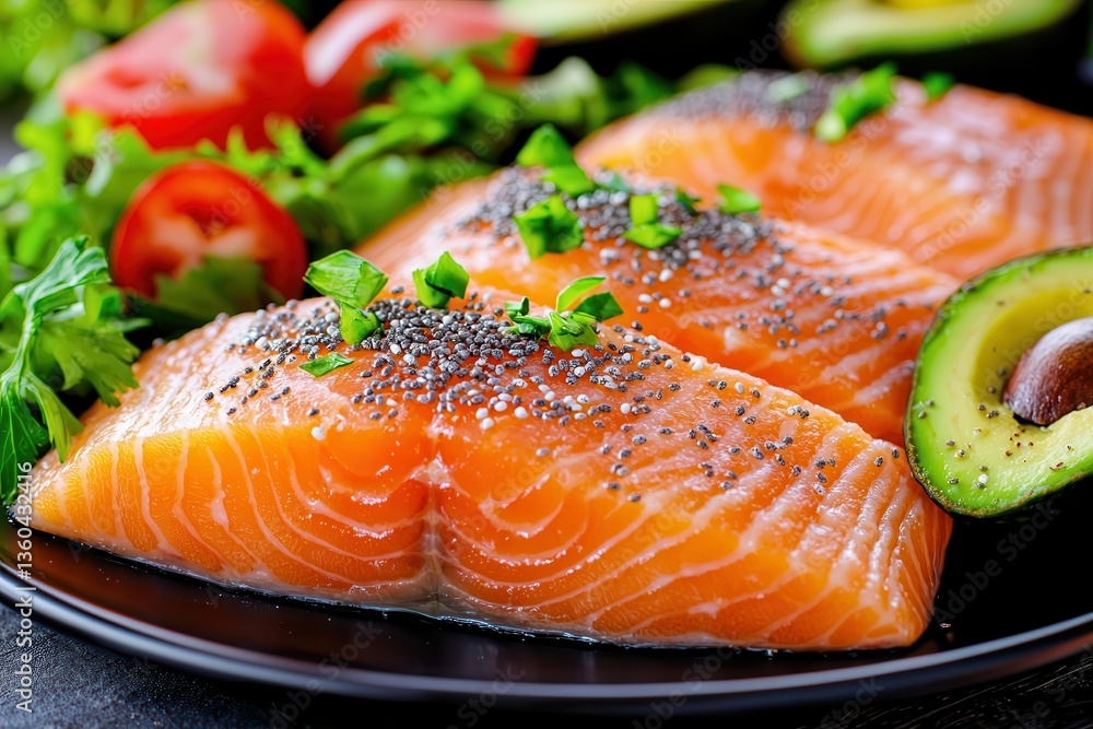 Chia seed vegan healthy fats boost. Fresh salmon fillet served with vegetables and herbs on a plate. Chia seed vegan healthy fats boost. Fresh salmon fillet served with vegetables and herbs on a plate.