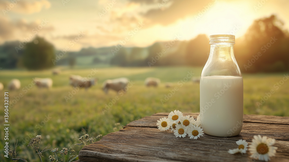 Obraz premium Milk bottle and glass resting on a wooden table bathed in golden sunlight, surrounded by daisies and grazing cows in a serene countryside setting